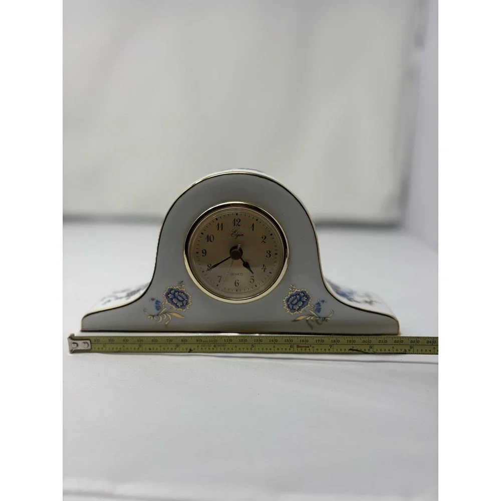 Vintage ELGIN Mantle Clock Porcelain White Blue Florals French County‎ Analog